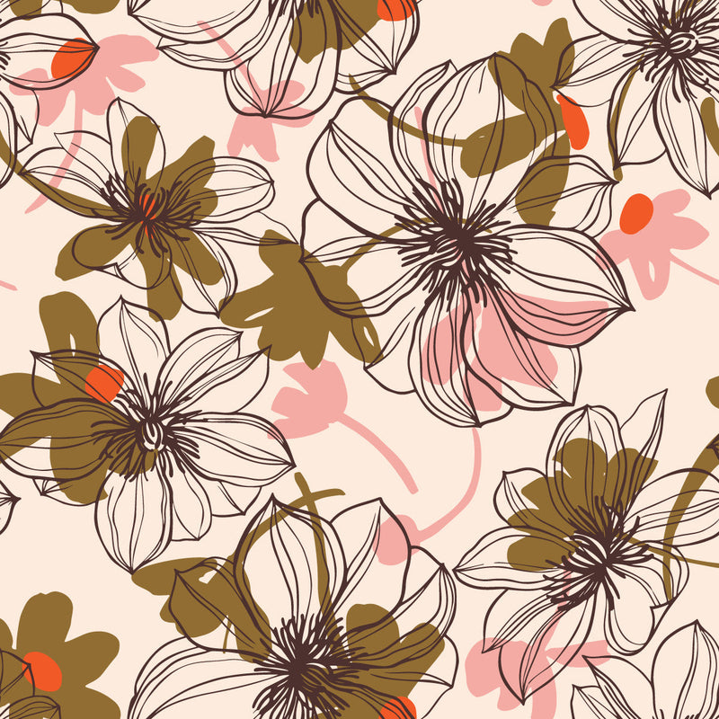 Pink Wallpaper with Brown Floral Outline