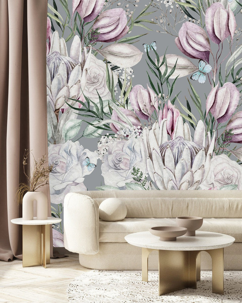 Contemporary Modern Grey Wallpaper with Pink Flowers