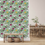 Green Wallpaper with Flowers and Birds
