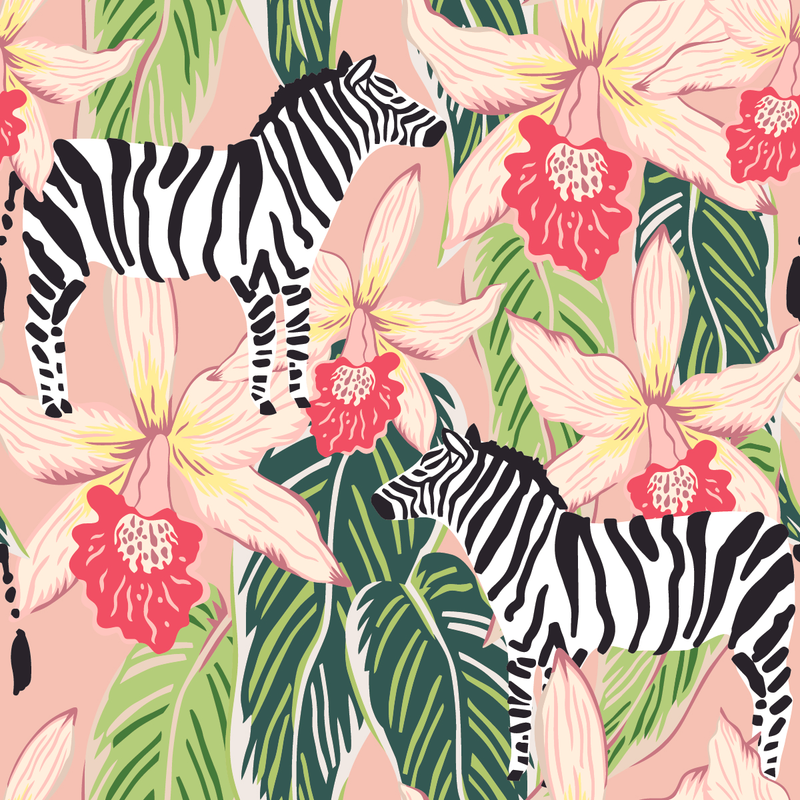 Pink Flowers with Zebras Wallpaper