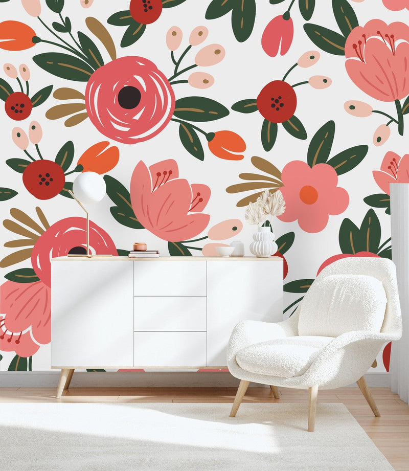 Pink Poppies on White Background Wallpaper