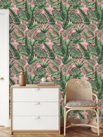 Elegant Tropical Leaves on Pink Background Wallpaper Chic