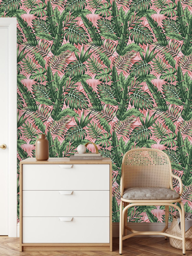 Elegant Tropical Leaves on Pink Background Wallpaper Chic