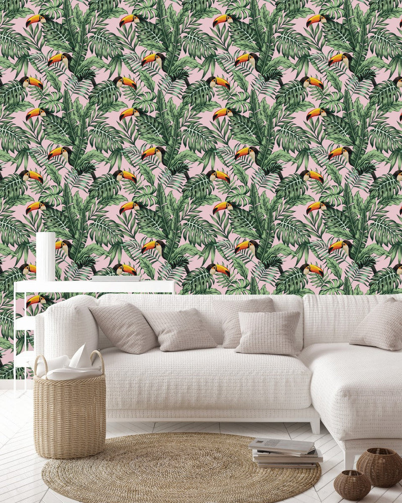 Pink Wallpaper with Toucans