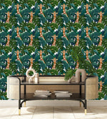 Exotic Leaves with Giraffes Wallpaper