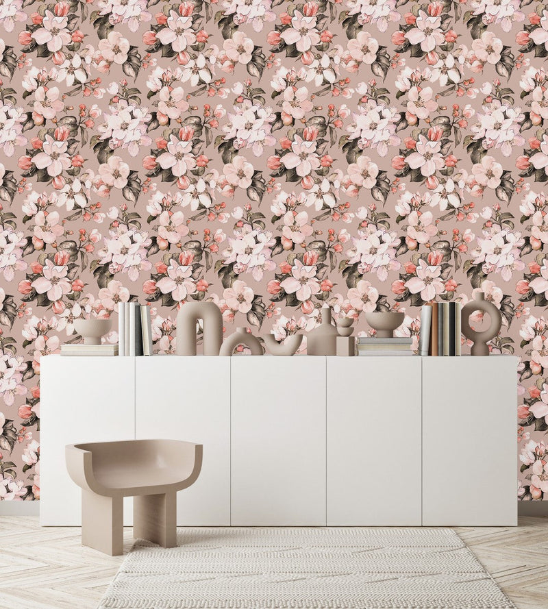 Voguish Beige Wallpaper with Flowers Fashionable