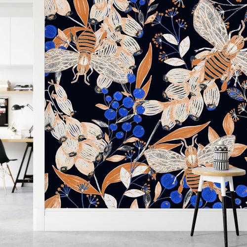 Black Wallpaper with Blue Berries