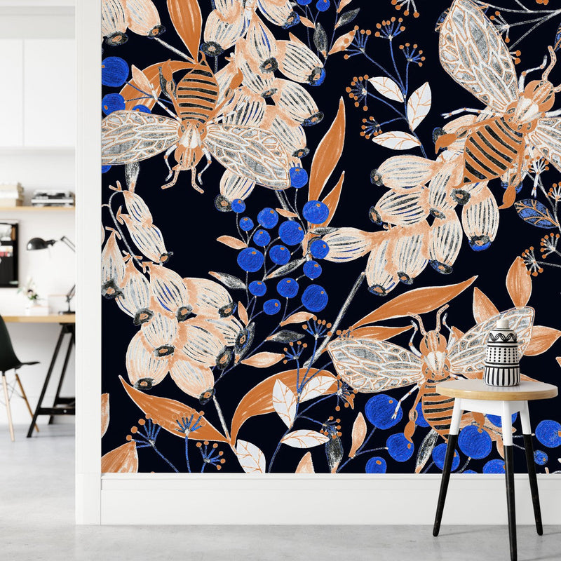 Black Wallpaper with Blue Berries