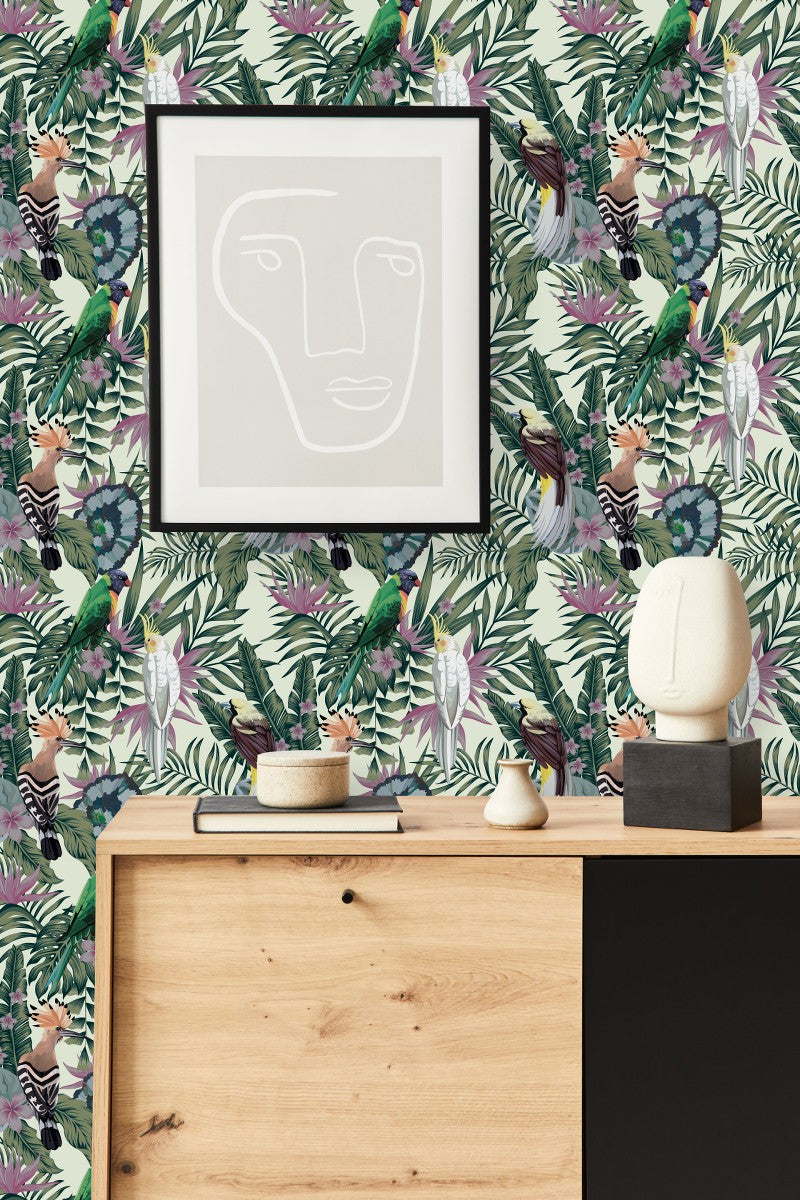 Parrots on Tropical Leaves Wallpaper