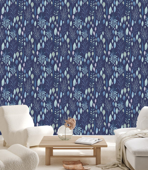 Dark Blue Wallpaper with Leaves and Trees