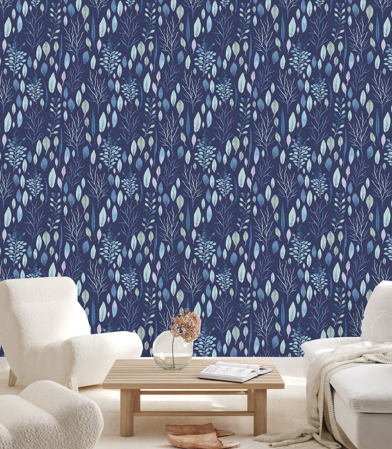 Dark Blue Wallpaper with Leaves and Trees