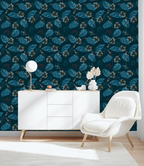 Contemporary Dark Blue Palm Leaves Wallpaper Smart