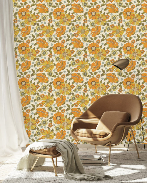 Modish Orange Floral Wallpaper Smart