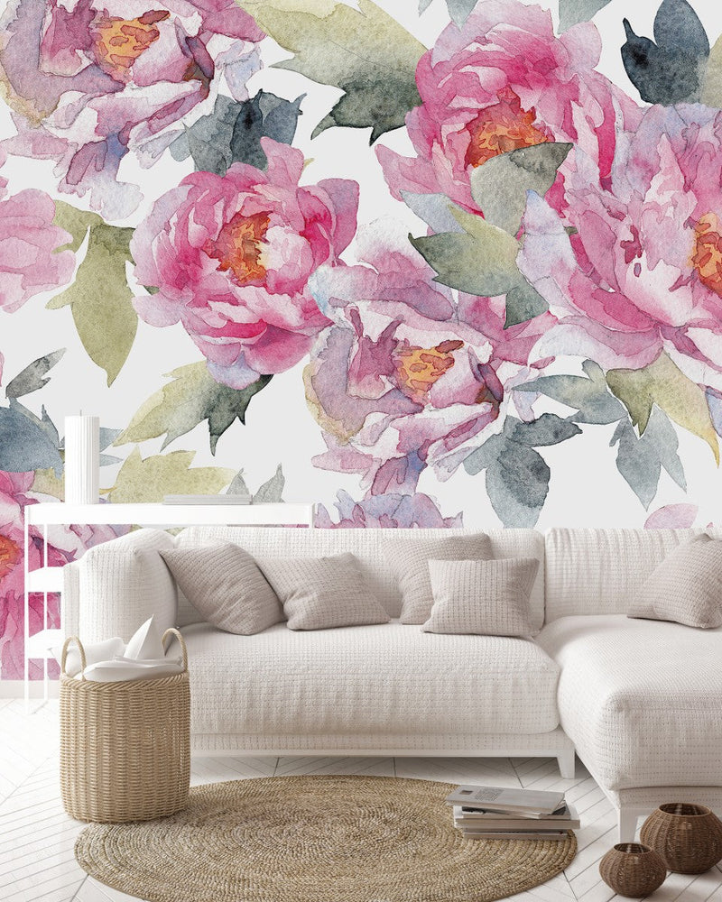 White Wallpaper with Pink Peonies