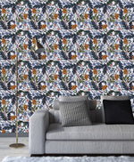 White Wallpaper with Leaves and Flowers