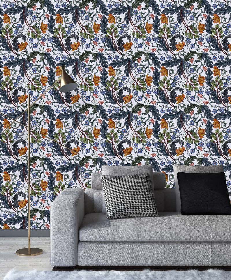 White Wallpaper with Leaves and Flowers