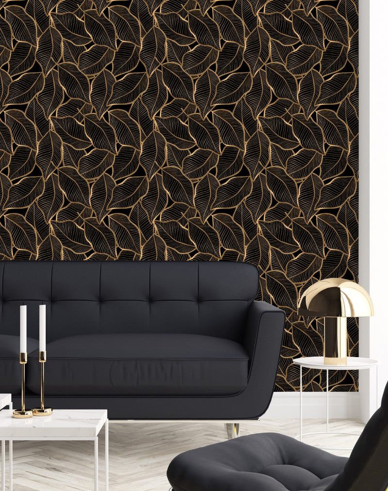Black Wallpaper with Gold Palm Leaves