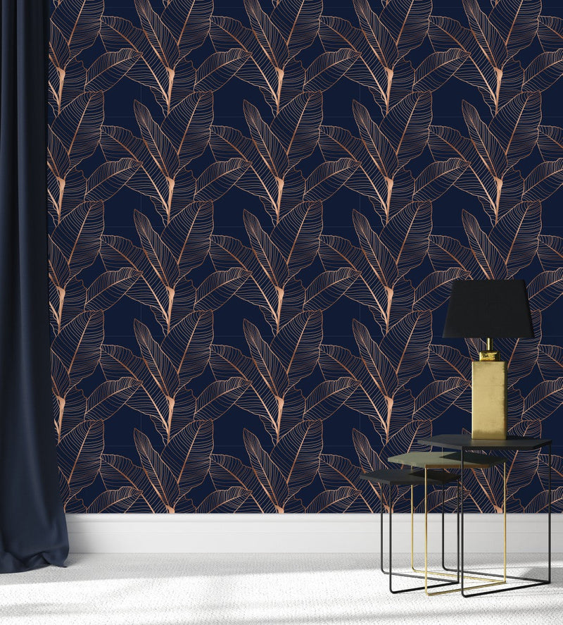 Dark Blue Wallpaper with Gold Leaves