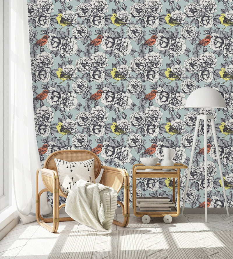 Grey Floral Wallpaper with Birds