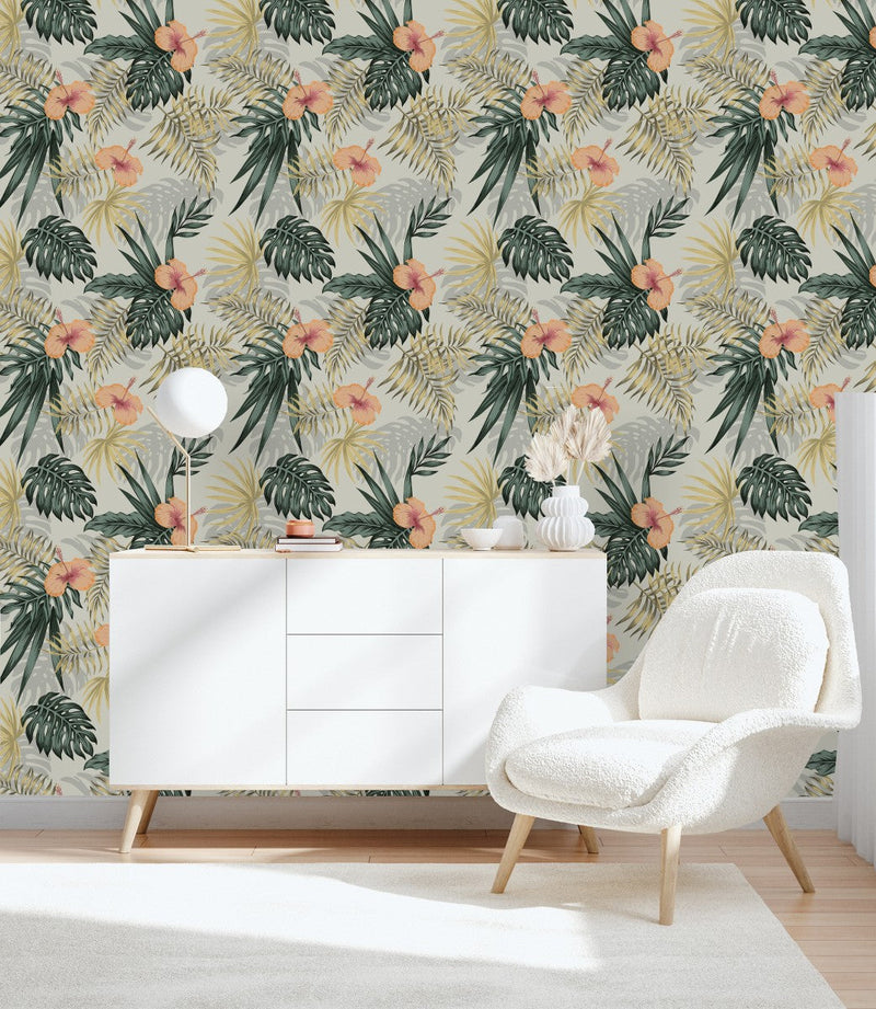 Exotic Leaves and Flowers on Grey Background Wallpaper