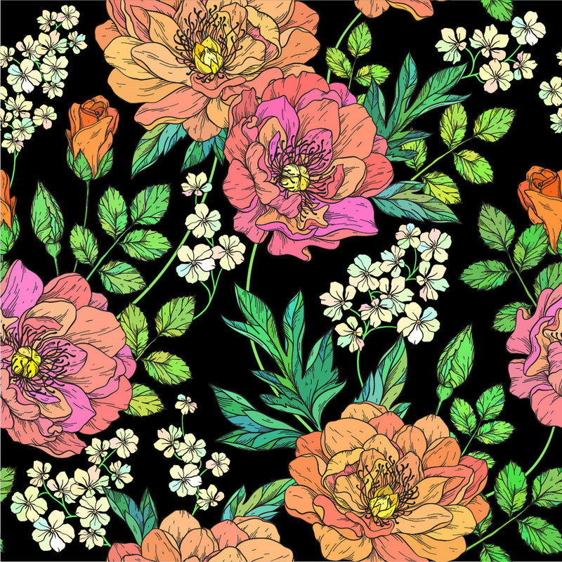 Black Wallpaper with Brightly Flowers