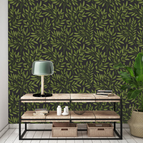 Contemporary Dark Green Leaves Wallpaper Vogue