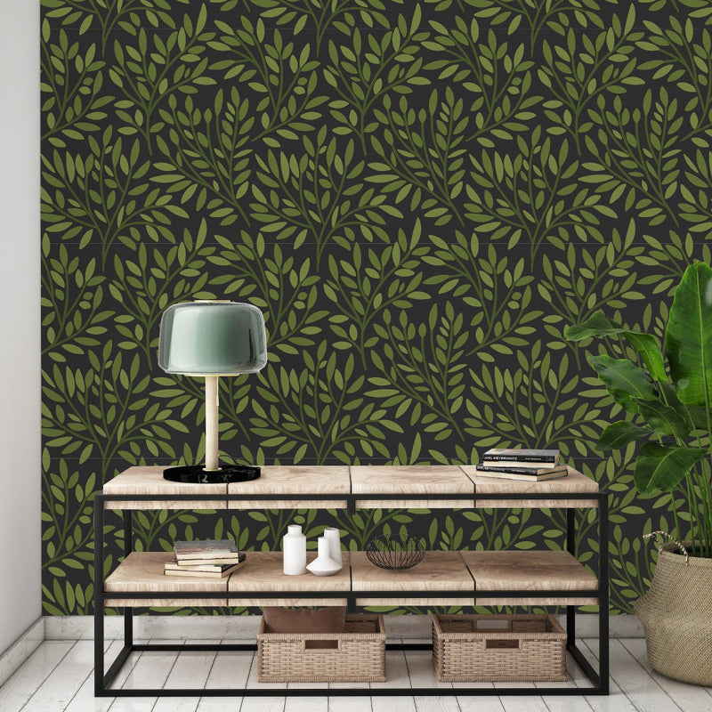 Contemporary Dark Green Leaves Wallpaper Vogue