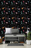 Black Wallpaper with Contour of Flowers