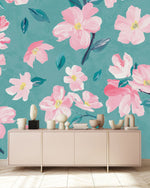 Blue Wallpaper with Pink Flowers