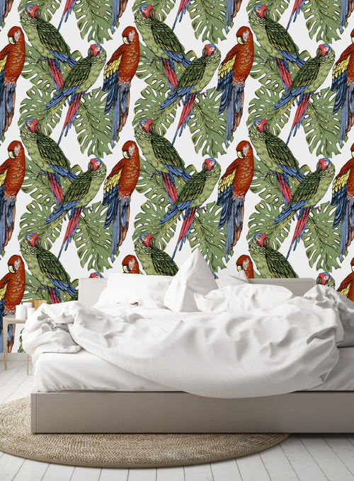 Parrots on Leaves Wallpaper