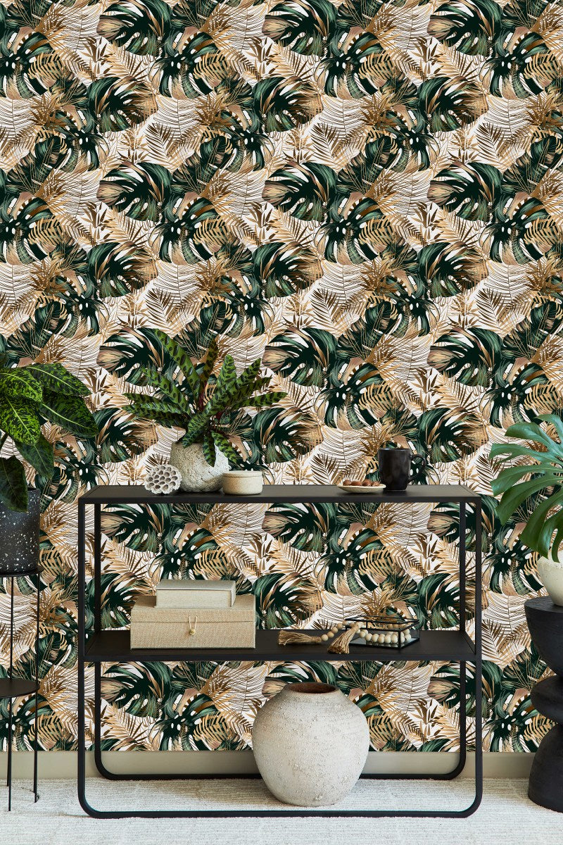 Gold and Green Monstera Leaves Wallpaper