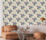 White Flowers and Multicolored Pattern Wallpaper