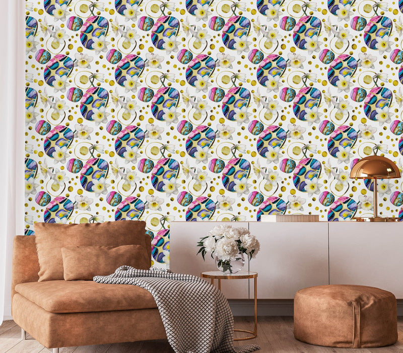 White Flowers and Multicolored Pattern Wallpaper