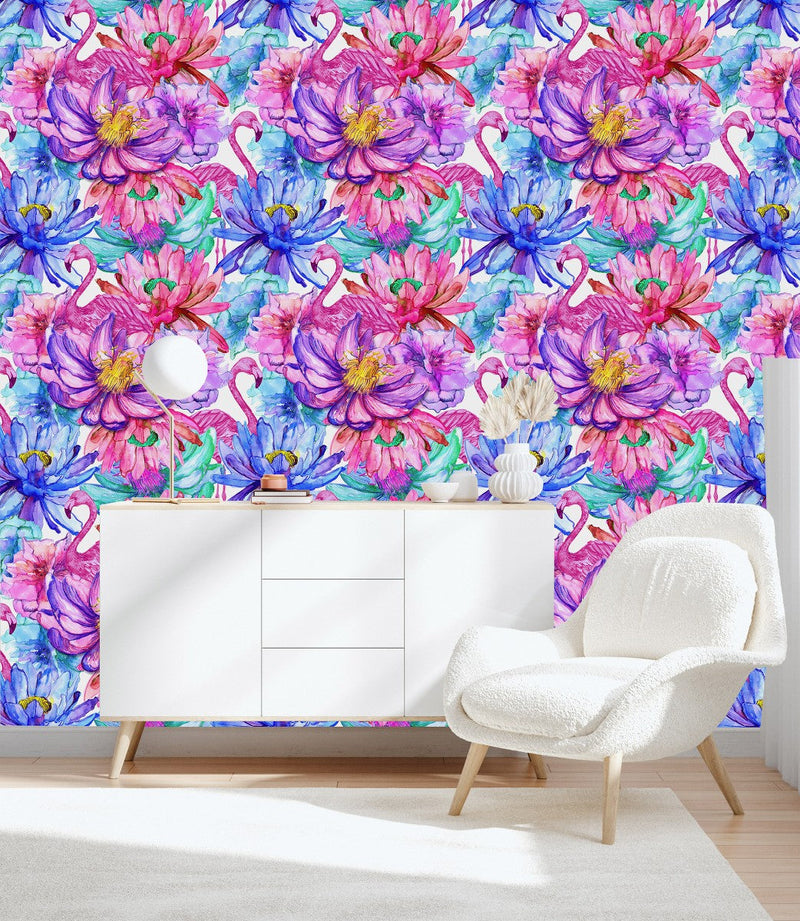 Bright Flamingos and Flowers Wallpaper