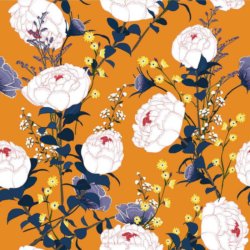 Orange Wallpaper with Pink Peonies