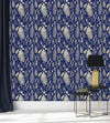 Dark Blue Wallpaper with Fern Leaves