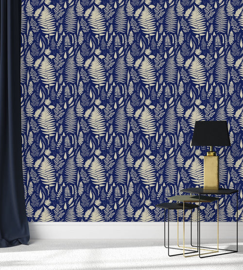Dark Blue Wallpaper with Fern Leaves