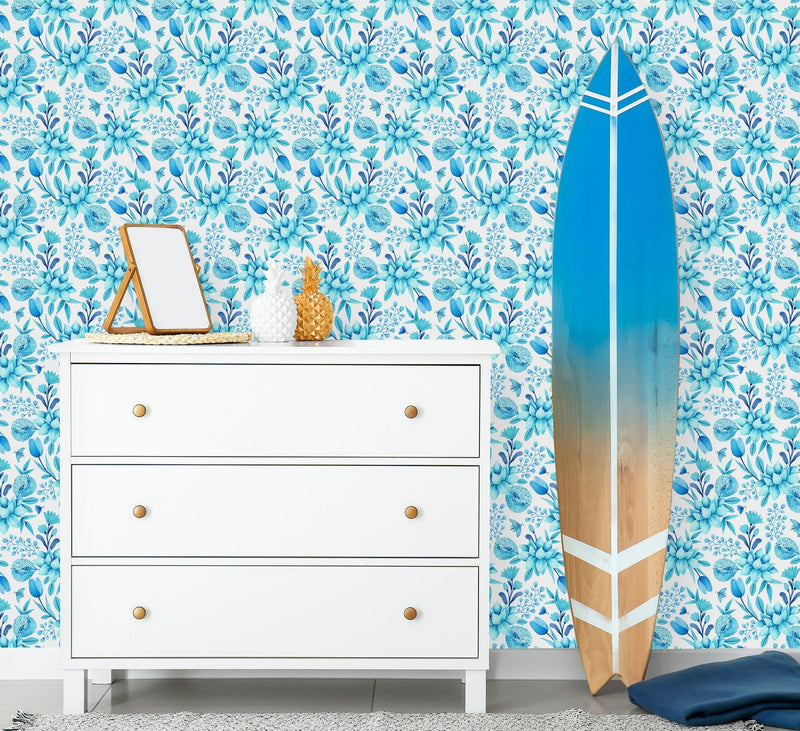 Contemporary Blue Floral Wallpaper Tasteful
