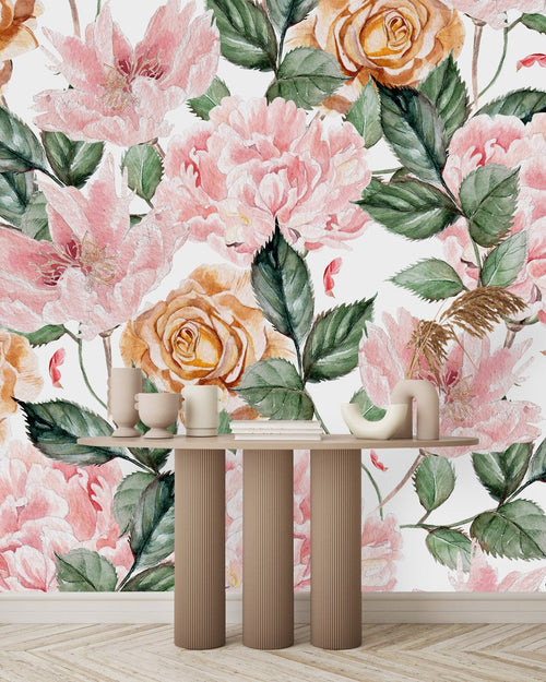 Pink and Beige Flowers Wallpaper
