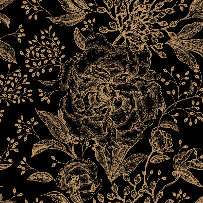 Gold Flowers on Black Background Wallpaper –