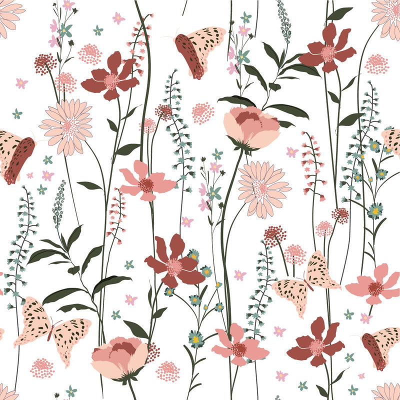 Contemporary White Wallpaper with Pink Flowers Chic