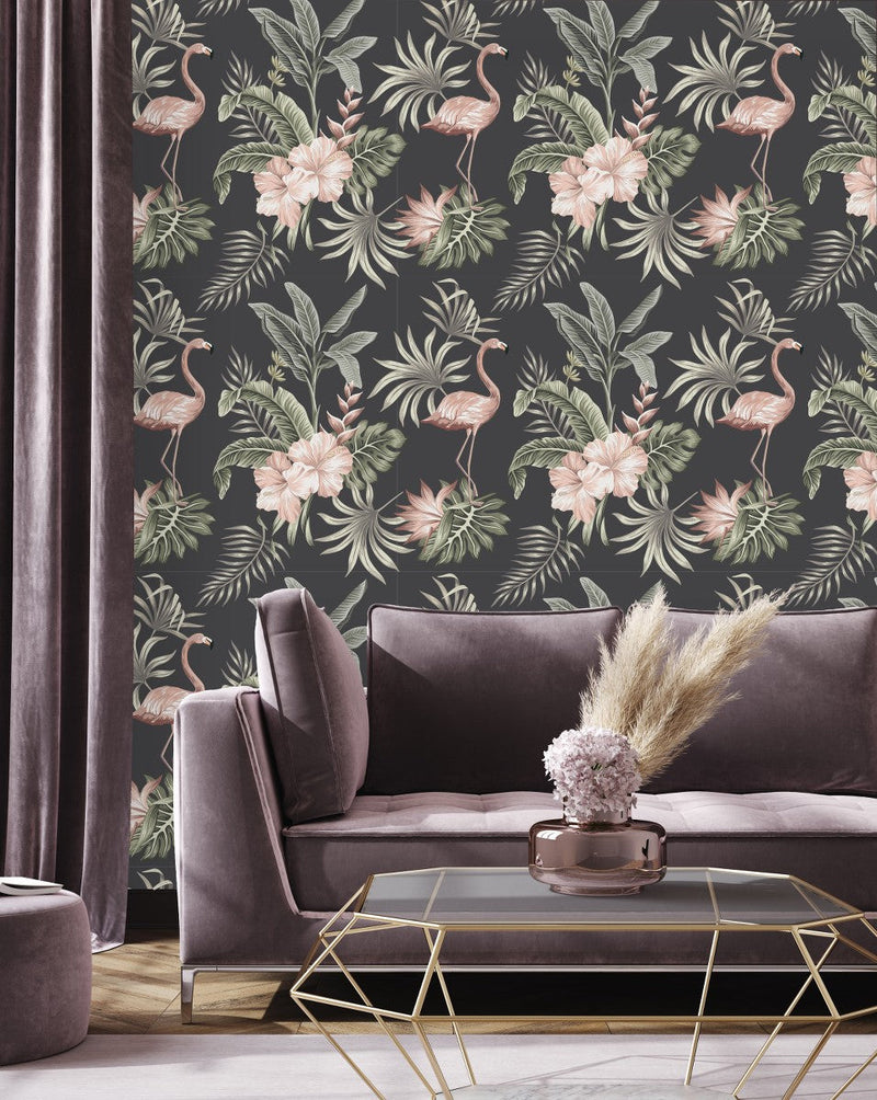 Flamingos on Dark Background Wallpaper
