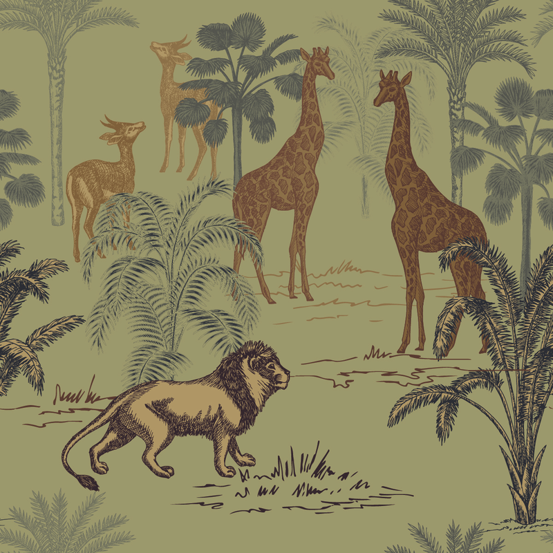 Green Wallpaper with African Animals Pattern