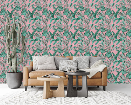 Pink Wallpaper with Exotic Leaves