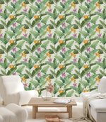Palm Leaves and Exotic Flowers Wallpaper