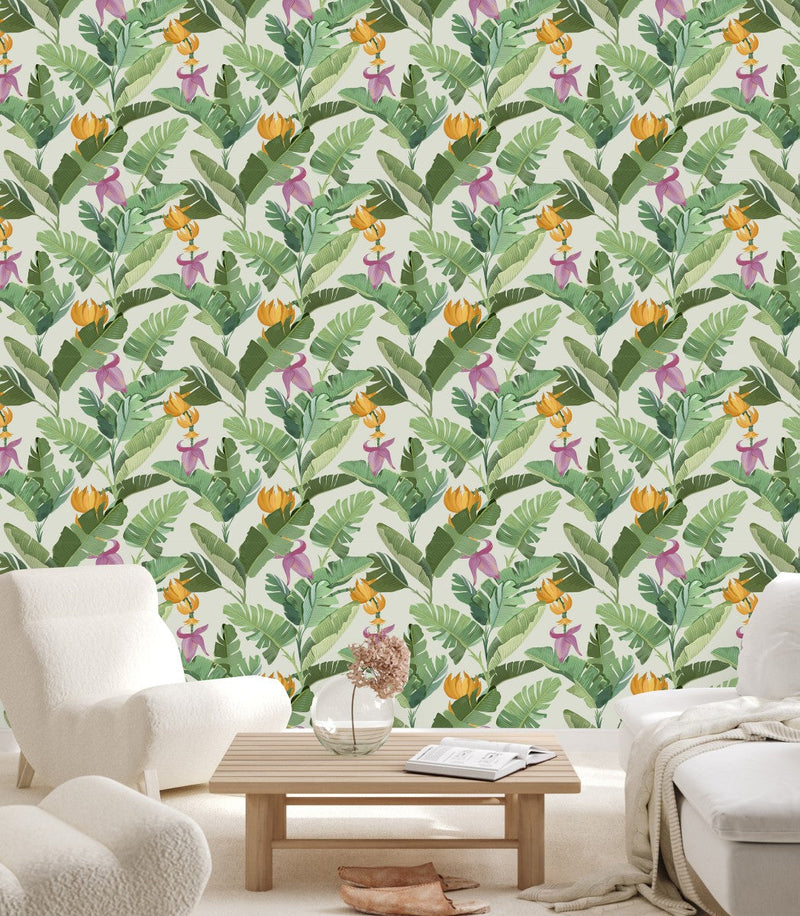 Palm Leaves and Exotic Flowers Wallpaper