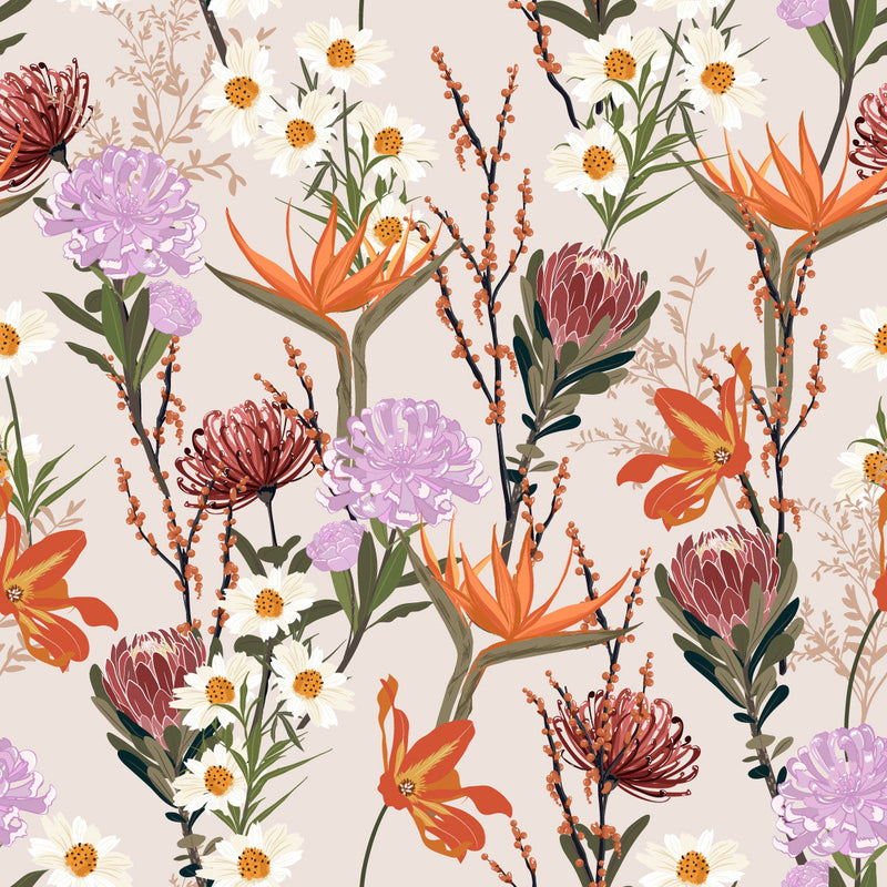 Pink Wallpaper with Exotic Flowers