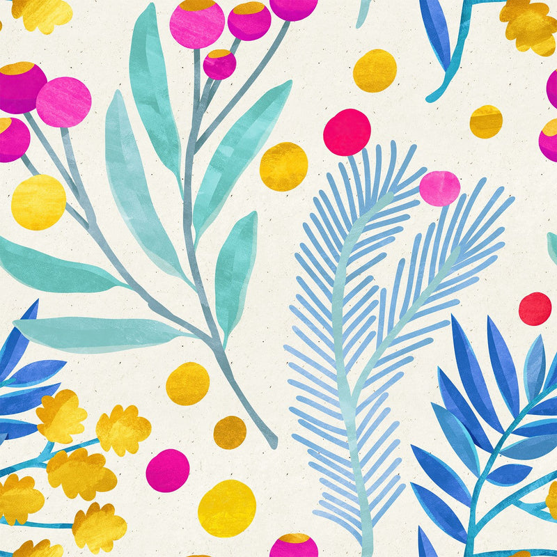 Contemporary Blue Leaves and Berries Wallpaper Smart