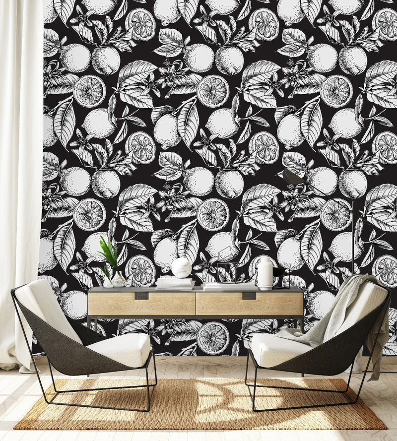 Black and White Lemon Pattern Wallpaper