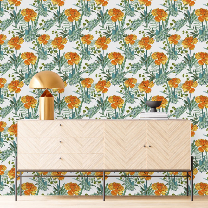 Contemporary Orange Flowers Wallpaper Tasteful